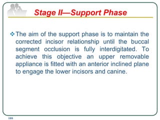 The aim of the support phase is to maintain the
corrected incisor relationship until the buccal
segment occlusion is fully interdigitated. To
achieve this objective an upper removable
appliance is fitted with an anterior inclined plane
to engage the lower incisors and canine.
195
Stage II—Support Phase
 