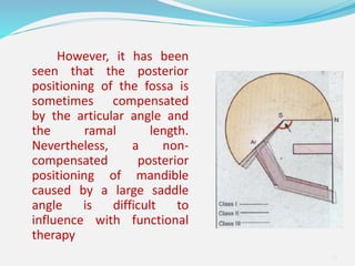 However, it has been
seen that the posterior
positioning of the fossa is
sometimes compensated
by the articular angle and
the ramal length.
Nevertheless, a non-
compensated posterior
positioning of mandible
caused by a large saddle
angle is difficult to
influence with functional
therapy
32
 