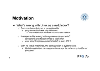 3 
Motivation 
● What’s wrong with Linux as a middlebox? 
o Components are designed to be configurable 
! programmability ...