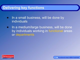 Delivering key functions In a small business, will be done by individuals In a medium/large business, will be done by individuals working in   functional  areas or  departments 