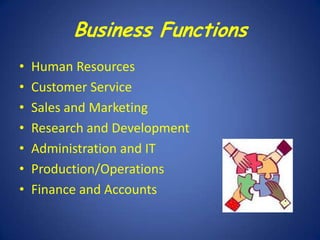 Business Functions
•
•
•
•
•
•
•

Human Resources
Customer Service
Sales and Marketing
Research and Development
Administration and IT
Production/Operations
Finance and Accounts

 