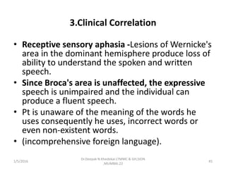 3.Clinical Correlation
• Receptive sensory aphasia -Lesions of Wernicke's
area in the dominant hemisphere produce loss of
ability to understand the spoken and written
speech.
• Since Broca's area is unaffected, the expressive
speech is unimpaired and the individual can
produce a fluent speech.
• Pt is unaware of the meaning of the words he
uses consequently he uses, incorrect words or
even non-existent words.
• (incomprehensive foreign language).
1/5/2016 45
Dr.Deepak N.Khedekar.LTMMC & GH,SION
,MUMBAI.22
 