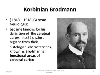 Korbinian Brodmann
• ( 1868 – 1918) German
Neurologist
• became famous for his
definition of the cerebral
cortex into 52 distinct
regions from their
histological characteristics,
known as Brodmanns
functional areas of
cerebral cortex
1/5/2016 5
Dr.Deepak N.Khedekar.LTMMC & GH,SION
,MUMBAI.22
 