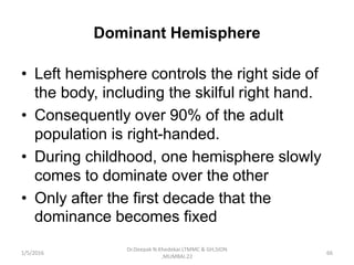 Dominant Hemisphere
• Left hemisphere controls the right side of
the body, including the skilful right hand.
• Consequently over 90% of the adult
population is right-handed.
• During childhood, one hemisphere slowly
comes to dominate over the other
• Only after the first decade that the
dominance becomes fixed
1/5/2016 66
Dr.Deepak N.Khedekar.LTMMC & GH,SION
,MUMBAI.22
 
