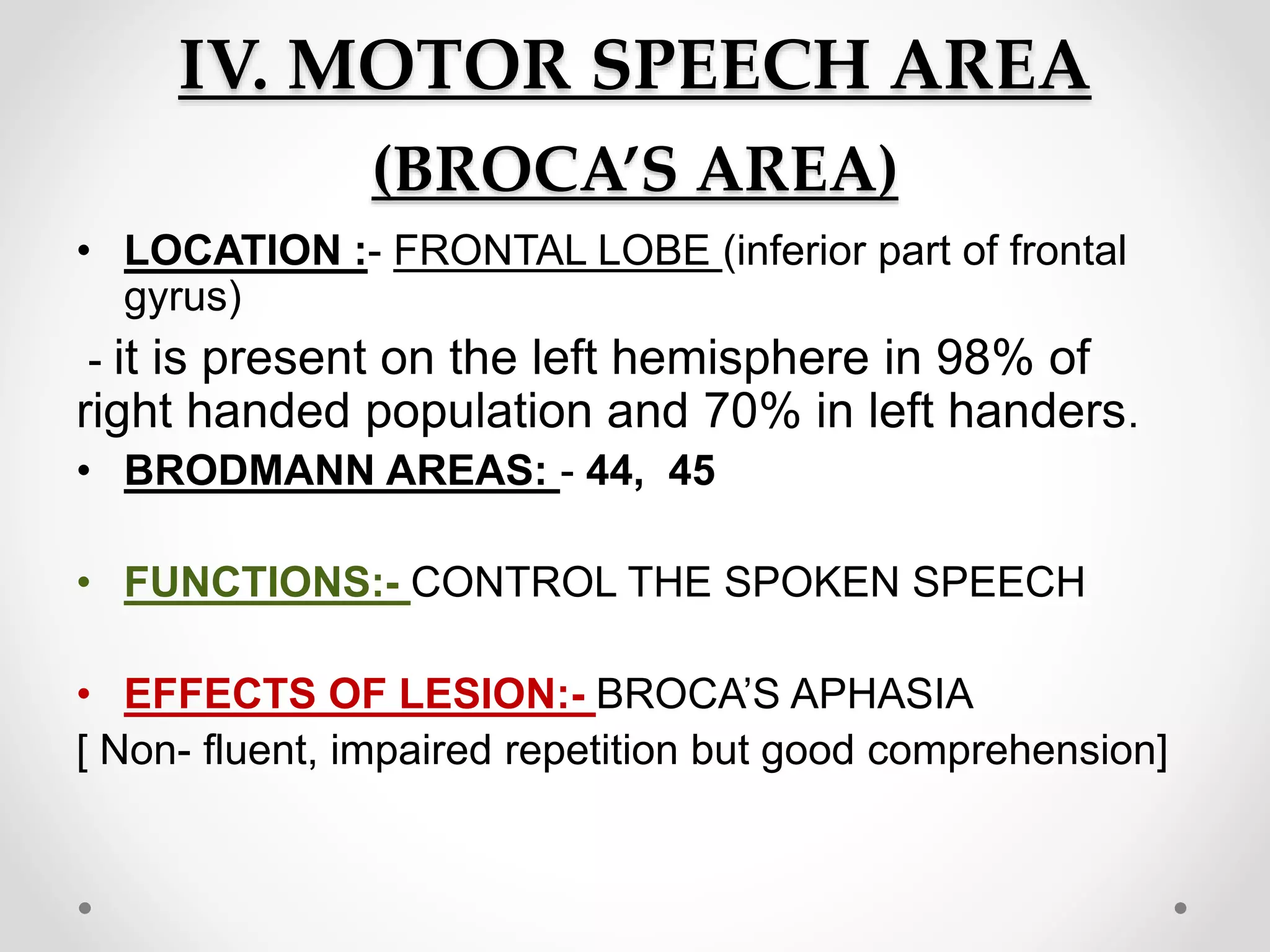 IV. MOTOR SPEECH AREA
(BROCA’S AREA)
• LOCATION :- FRONTAL LOBE (inferior part of frontal
gyrus)
- it is present on the left hemisphere in 98% of
right handed population and 70% in left handers.
• BRODMANN AREAS: - 44, 45
• FUNCTIONS:- CONTROL THE SPOKEN SPEECH
• EFFECTS OF LESION:- BROCA’S APHASIA
[ Non- fluent, impaired repetition but good comprehension]
 