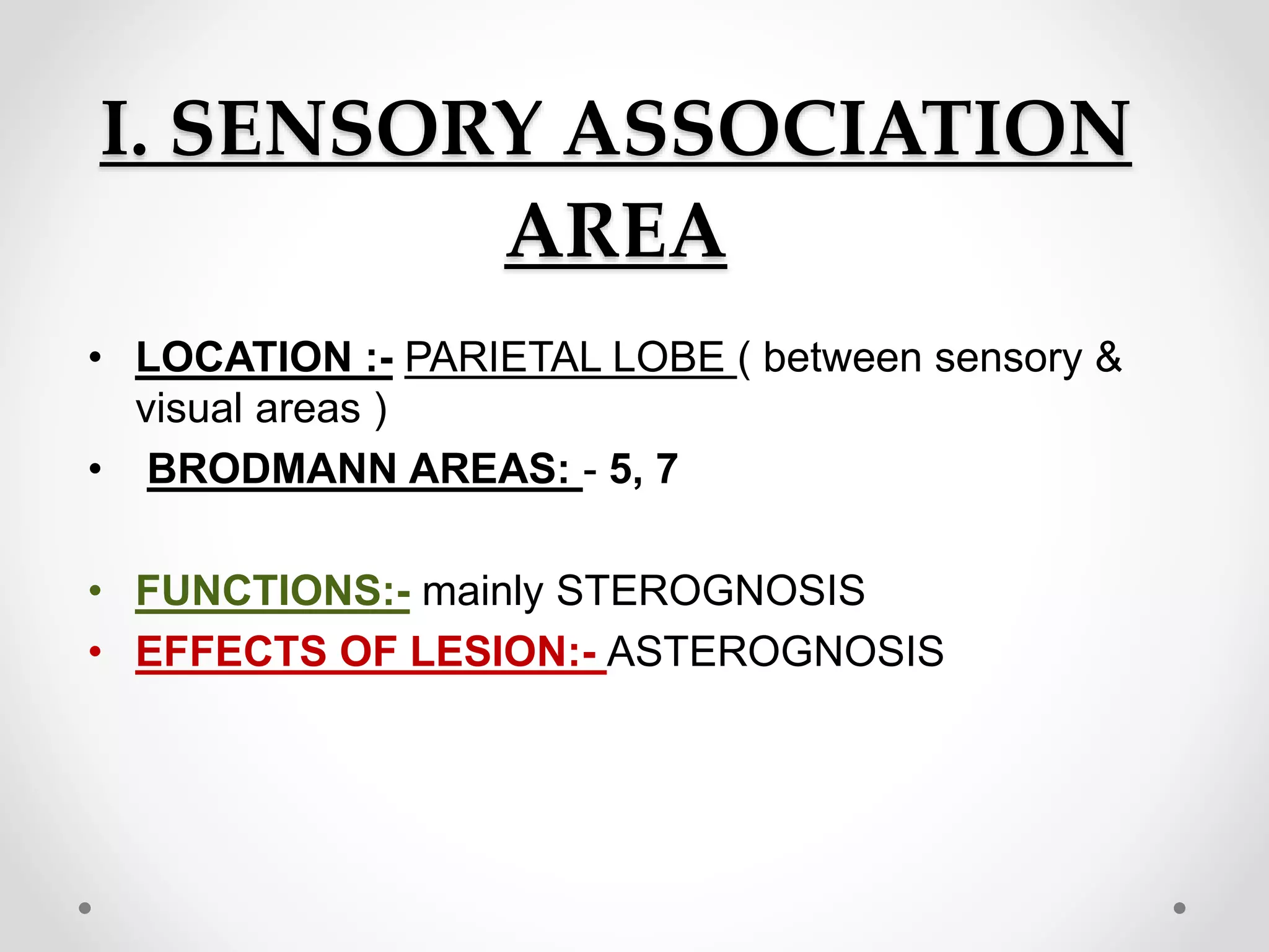 I. SENSORY ASSOCIATION
AREA
• LOCATION :- PARIETAL LOBE ( between sensory &
visual areas )
• BRODMANN AREAS: - 5, 7
• FUNCTIONS:- mainly STEROGNOSIS
• EFFECTS OF LESION:- ASTEROGNOSIS
 