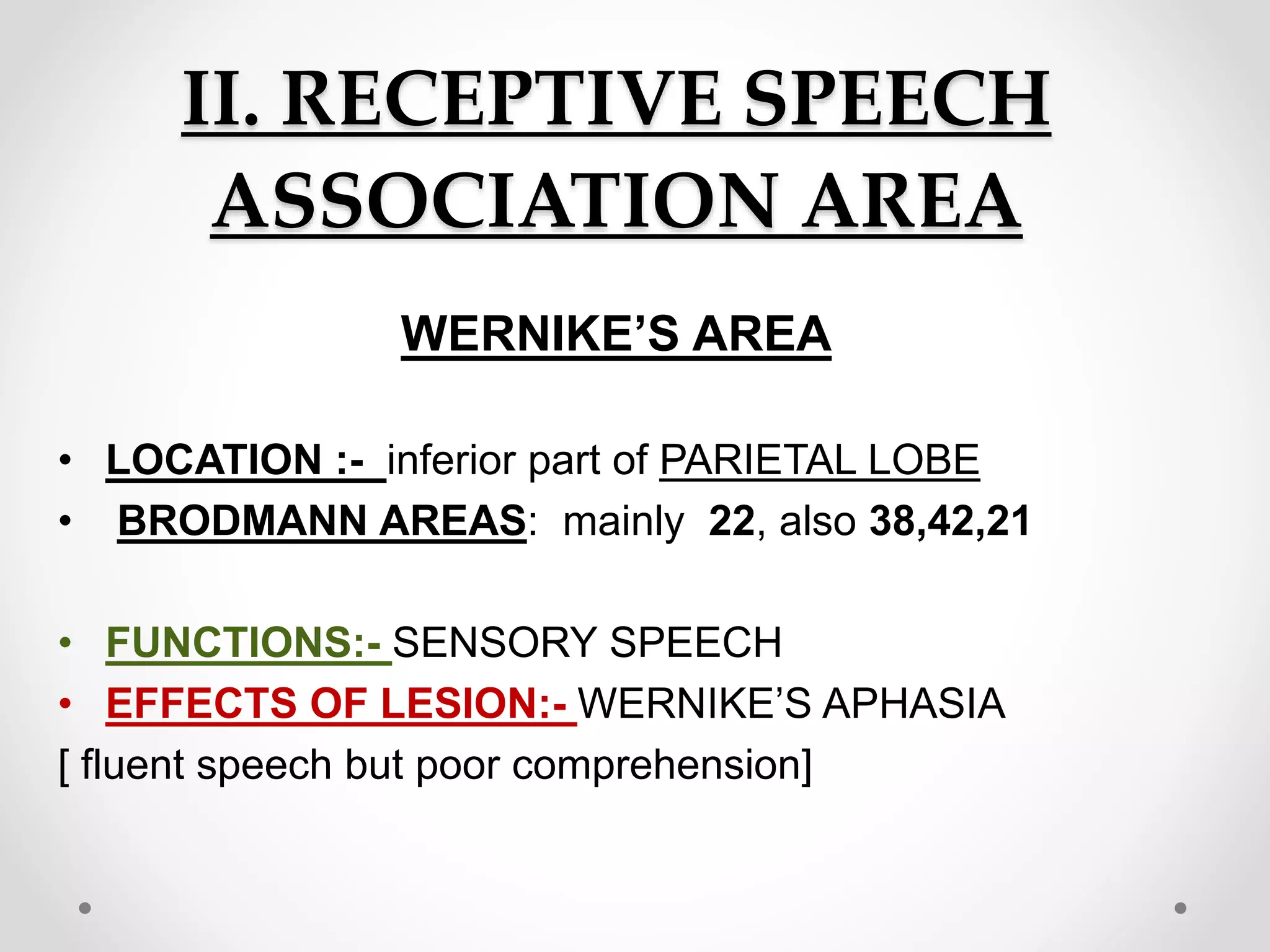 II. RECEPTIVE SPEECH
ASSOCIATION AREA
WERNIKE’S AREA
• LOCATION :- inferior part of PARIETAL LOBE
• BRODMANN AREAS: mainly 22, also 38,42,21
• FUNCTIONS:- SENSORY SPEECH
• EFFECTS OF LESION:- WERNIKE’S APHASIA
[ fluent speech but poor comprehension]
 