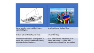 Large wooden boat used by the pre-
colonial Filipinos
Small traditional Badjaos’ boat
Butuan City and nearby provinces Sulu archipelago
Used to cross the seas for migration, or
cargo and raiding purposes for trading
goods and other resources
Used for livelihood activities such as
fishing and diving for pearls and
transportation around the archipelago
 