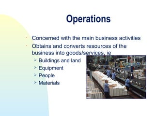 Operations
   Concerned with the main business activities

    Obtains and converts resources of the
    business into goods/services, ie
       Buildings and land
       Equipment
       People
       Materials
 