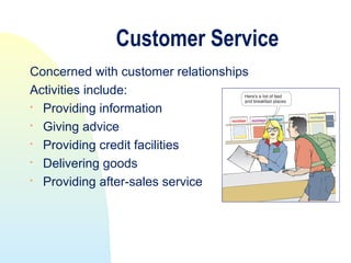 Customer Service
Concerned with customer relationships
Activities include:
 Providing information
 Giving advice

  Providing credit facilities

  Delivering goods
 Providing after-sales service
 