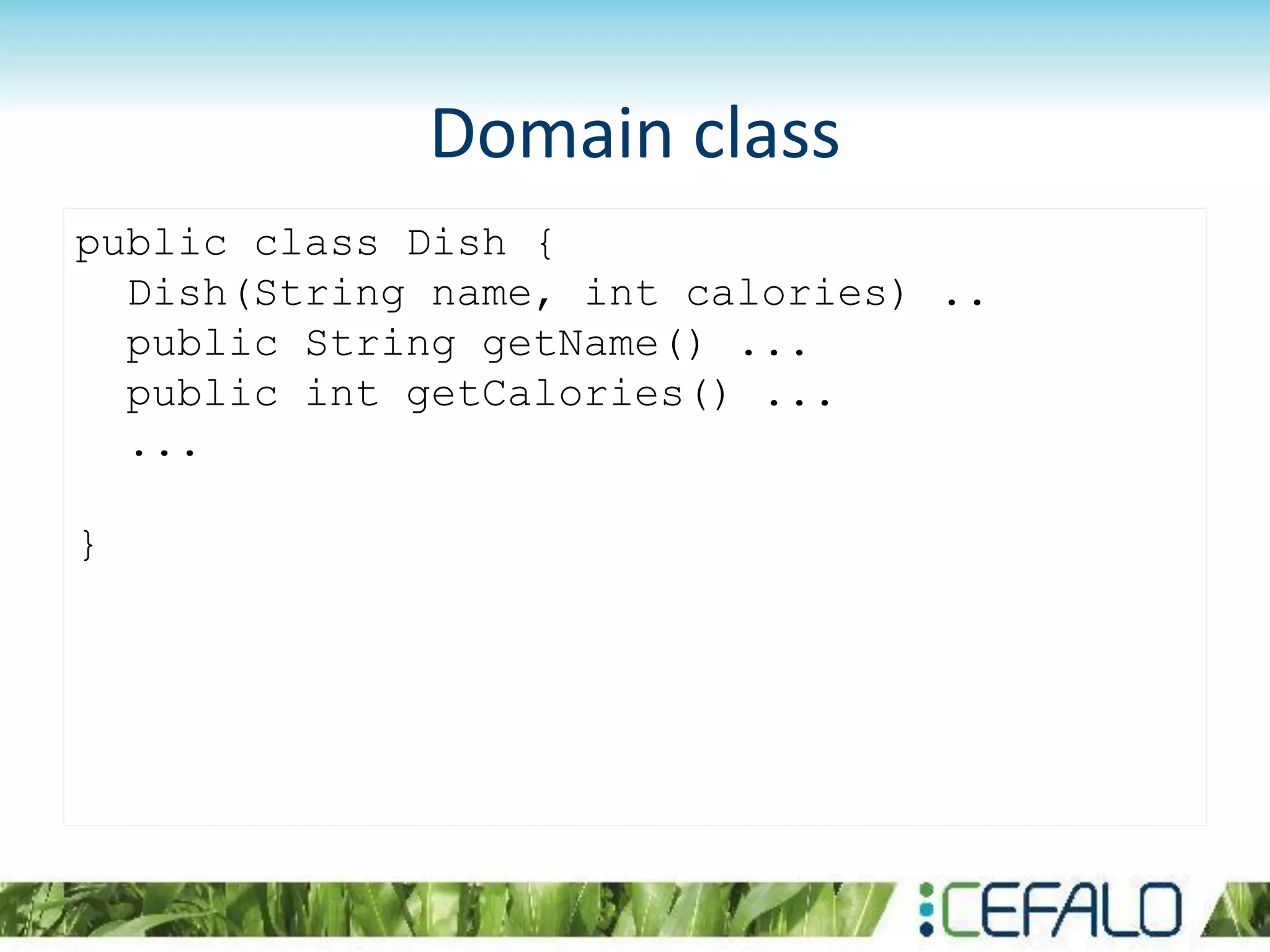 Domain class
public class Dish {
Dish(String name, int calories) ..
public String getName() ...
public int getCalories() ...
...
}
 