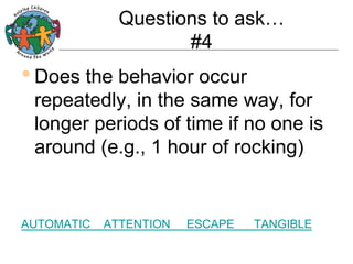 Questions to ask…
#4

• Does the behavior occur

repeatedly, in the same way, for
longer periods of time if no one is
around (e.g., 1 hour of rocking)

AUTOMATIC

ATTENTION

ESCAPE

TANGIBLE

 