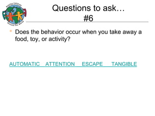 Questions to ask…
#6
•  Does the behavior occur when you take away a
food, toy, or activity?

AUTOMATIC

ATTENTION

ESCAPE

TANGIBLE

 