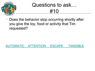 Questions to ask…
#10
•  Does the behavior stop occurring shortly after
you give the toy, food or activity that Tim
requested?

AUTOMATIC

ATTENTION

ESCAPE

TANGIBLE

 