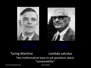 Alan Turing
(1912 – 1954)
Alonzo Church
(1903-1995)
Turing Machine Lambda calculus
Two mathematical ways to ask questions about
“computability”
Functional Programming Computability
 