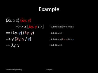 Example
(λx. x x) (𝛌y. y)
--> x x [𝛌y. y / x]
== (𝛌y. y) (𝛌y. y)
--> y [𝛌y. y / y]
== 𝛌y. y
Substitute (𝛌y. y) into x
Substituted
Substitute (𝛌y. y) into y
Substituted
Functional Programming Examples
 
