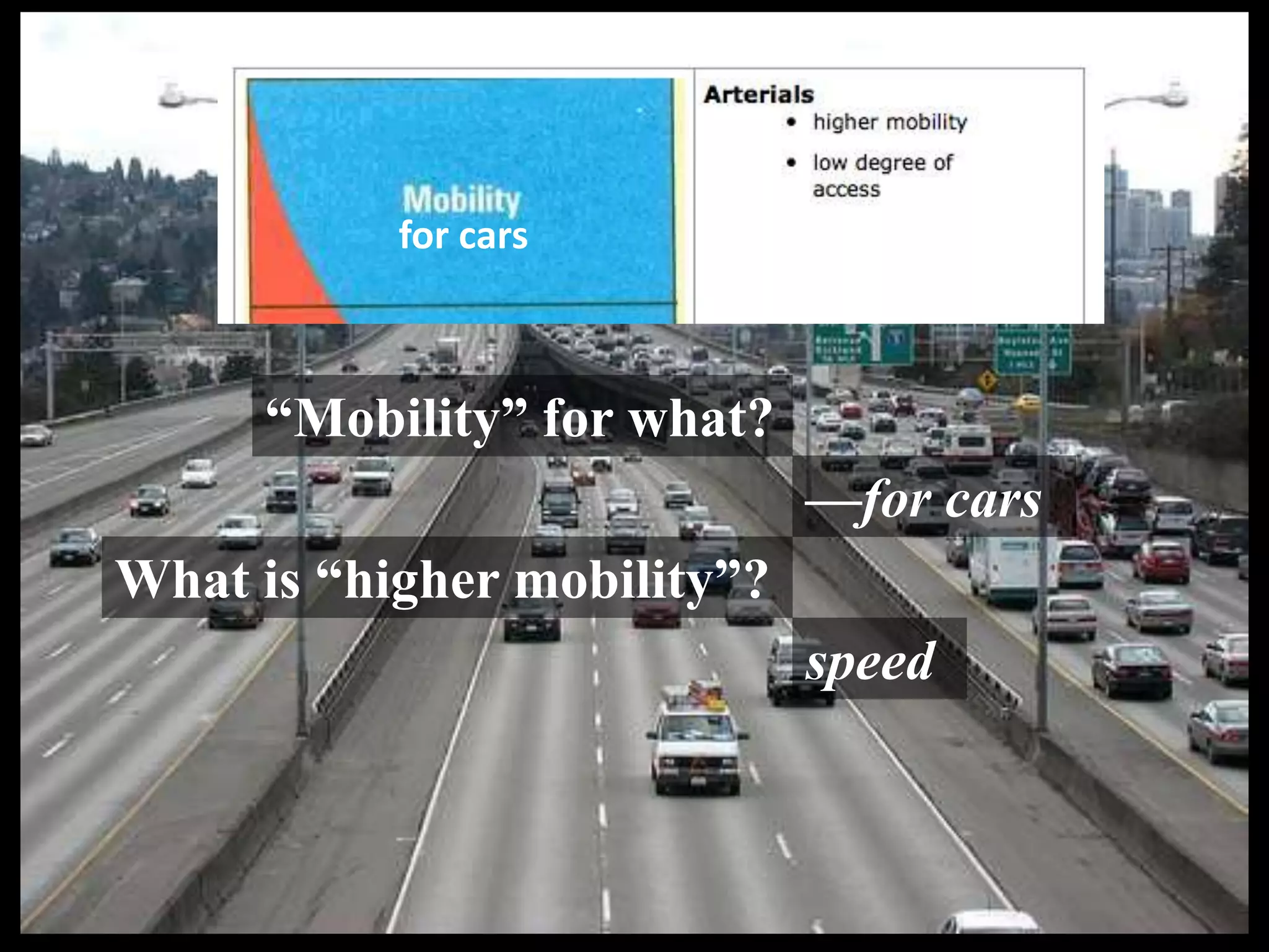 “Mobility” for what?
—for cars
for cars
What is “higher mobility”?
speed
 
