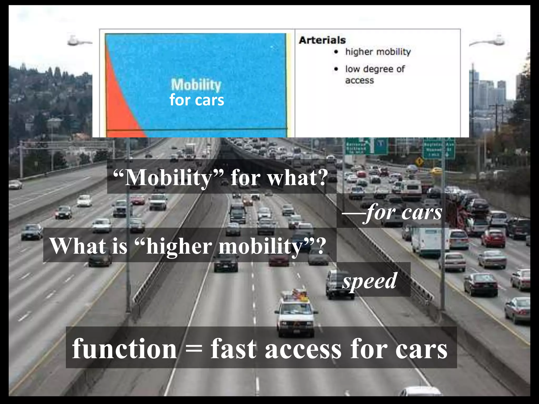 “Mobility” for what?
—for cars
for cars
What is “higher mobility”?
speed
function = fast access for cars
 