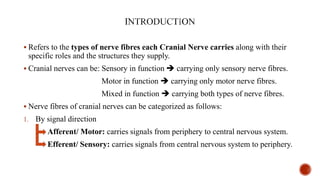  Refers to the types of nerve fibres each Cranial Nerve carries along with their
specific roles and the structures they supply.
 Cranial nerves can be: Sensory in function  carrying only sensory nerve fibres.
Motor in function  carrying only motor nerve fibres.
Mixed in function  carrying both types of nerve fibres.
 Nerve fibres of cranial nerves can be categorized as follows:
1. By signal direction
Afferent/ Motor: carries signals from periphery to central nervous system.
Efferent/ Sensory: carries signals from central nervous system to periphery.
 