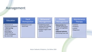 Management
Education
• Mechanism of
functional constipation
• Toilet learning
• physical &
psychological
components of
chronic constipation,
• the role of diet
Fecal
Disimpaction
•Achieved via oral /
rectal meds
Behavioral
Management
• Establishing proper
feeding time including
meals and snacks
• Establish regular toilet
routine
Dietary
Management
•Balanced diet that
includes whole grains,
fruits, and vegetables
• Fiber
• Adequate hydration
• Eliminating Cows milk
Maintenance
Therapy
•Laxatives
•Probiotics
•Lactose
•Magnesium
Nelson Textbook of Pediatrics, 21st Edition 2020
 