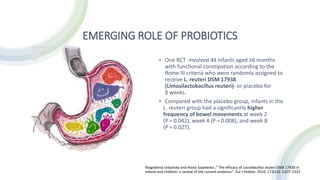 EMERGING ROLE OF PROBIOTICS
• One RCT involved 44 infants aged ≥6 months
with functional constipation according to the
Rome III criteria who were randomly assigned to
receive L. reuteri DSM 17938
(Limosilactobacillus reuteri)- or placebo for
8 weeks.
• Compared with the placebo group, infants in the
L. reuteri group had a significantly higher
frequency of bowel movements at week 2
(P = 0.042), week 4 (P = 0.008), and week 8
(P = 0.027).
Magdalena Urbańska and Hania Szajewska ;” The efficacy of Lactobacillus reuteri DSM 17938 in
infants and children: a review of the current evidence”: Eur J Pediatr. 2014; 173(10): 1327–1337.
 