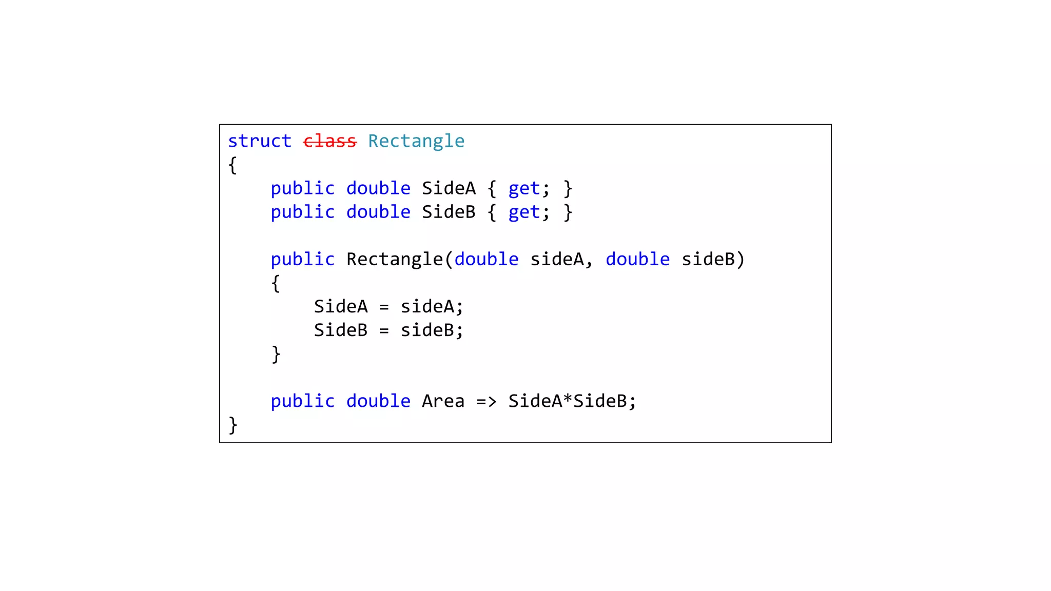 struct class Rectangle
{
public double SideA { get; }
public double SideB { get; }
public Rectangle(double sideA, double sideB)
{
SideA = sideA;
SideB = sideB;
}
public double Area => SideA*SideB;
}
 