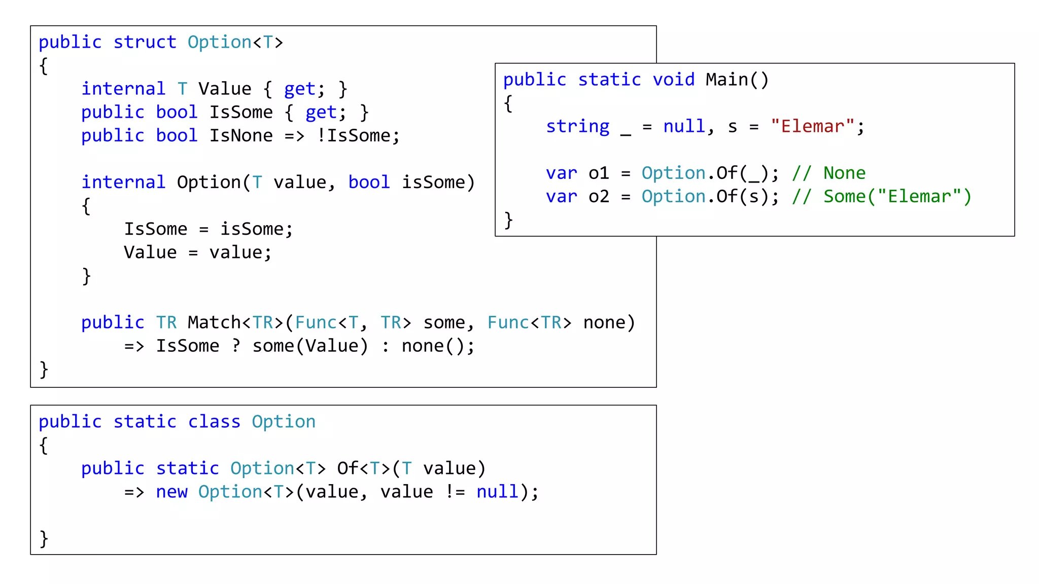 public struct Option<T>
{
internal T Value { get; }
public bool IsSome { get; }
public bool IsNone => !IsSome;
internal Option(T value, bool isSome)
{
IsSome = isSome;
Value = value;
}
public TR Match<TR>(Func<T, TR> some, Func<TR> none)
=> IsSome ? some(Value) : none();
}
public static class Option
{
public static Option<T> Of<T>(T value)
=> new Option<T>(value, value != null);
}
public static void Main()
{
string _ = null, s = "Elemar";
var o1 = Option.Of(_); // None
var o2 = Option.Of(s); // Some("Elemar")
}
 