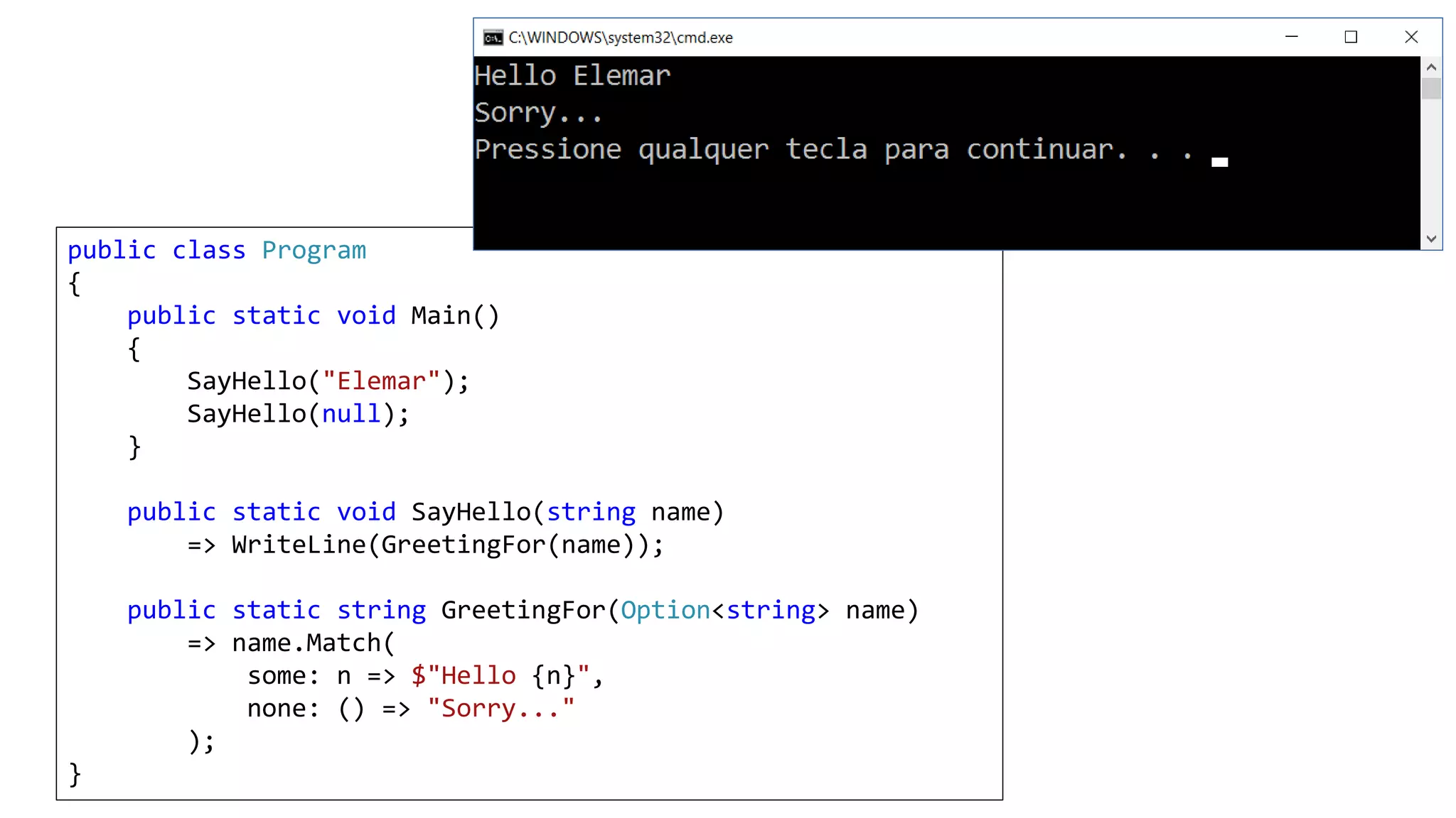 public class Program
{
public static void Main()
{
SayHello("Elemar");
SayHello(null);
}
public static void SayHello(string name)
=> WriteLine(GreetingFor(name));
public static string GreetingFor(Option<string> name)
=> name.Match(
some: n => $"Hello {n}",
none: () => "Sorry..."
);
}
 