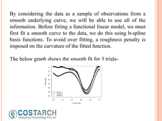By considering the data as a sample of observations from a
smooth underlying curve, we will be able to use all of the
information. Before fitting a functional linear model, we must
first fit a smooth curve to the data, we do this using b-spline
basis functions. To avoid over fitting, a roughness penalty is
imposed on the curvature of the fitted function.
The below graph shows the smooth fit for 3 trials-

 