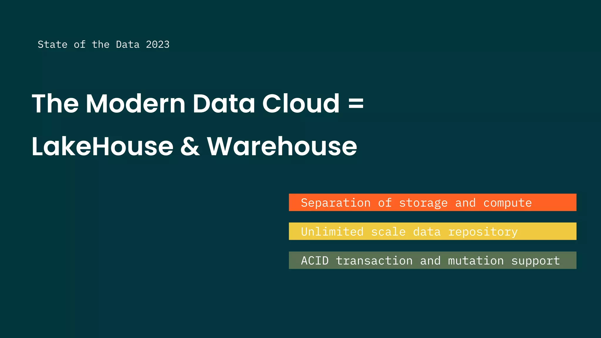 The Modern Data Cloud =
LakeHouse & Warehouse
State of the Data 2023
Separation of storage and compute
Unlimited scale data repository
ACID transaction and mutation support
 