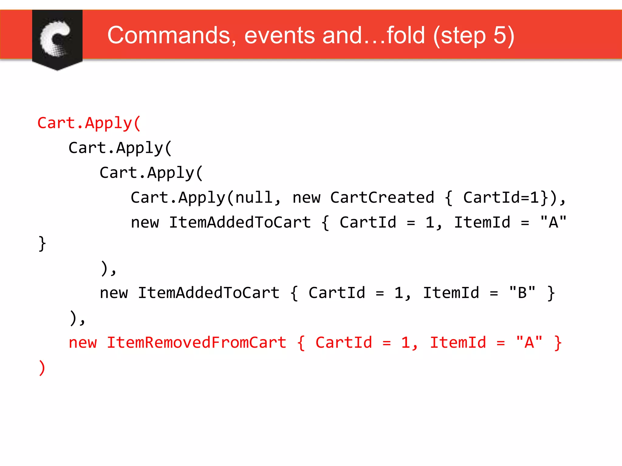 Cart.Apply(
Cart.Apply(
Cart.Apply(
Cart.Apply(null, new CartCreated { CartId=1}),
new ItemAddedToCart { CartId = 1, ItemId = "A"
}
),
new ItemAddedToCart { CartId = 1, ItemId = "B" }
),
new ItemRemovedFromCart { CartId = 1, ItemId = "A" }
)
Commands, events and…fold (step 5)
 