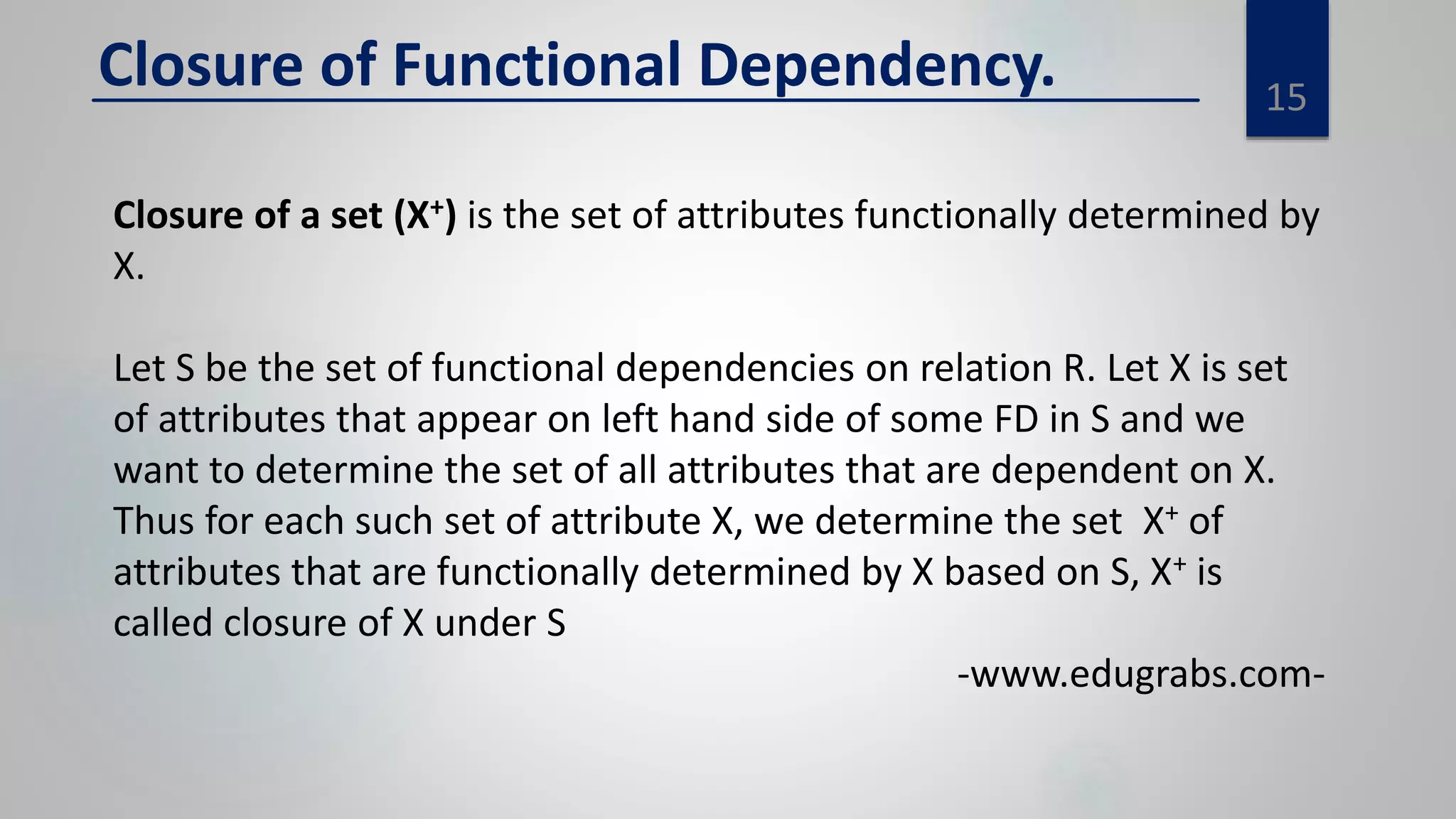 15
Closure of Functional Dependency.
Closure of a set (X+) is the set of attributes functionally determined by
X.
Let S be the set of functional dependencies on relation R. Let X is set
of attributes that appear on left hand side of some FD in S and we
want to determine the set of all attributes that are dependent on X.
Thus for each such set of attribute X, we determine the set X+ of
attributes that are functionally determined by X based on S, X+ is
called closure of X under S
-www.edugrabs.com-
 