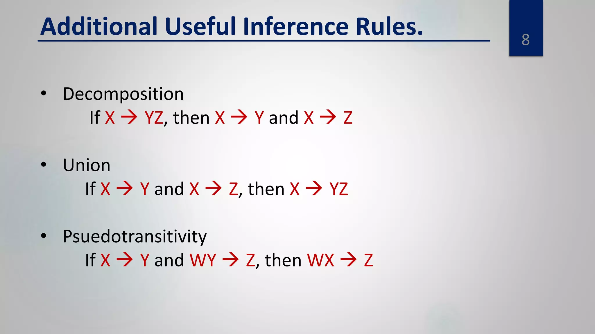 8
Additional Useful Inference Rules.
• Decomposition
If X  YZ, then X  Y and X  Z
• Union
If X  Y and X  Z, then X  YZ
• Psuedotransitivity
If X  Y and WY  Z, then WX  Z
 