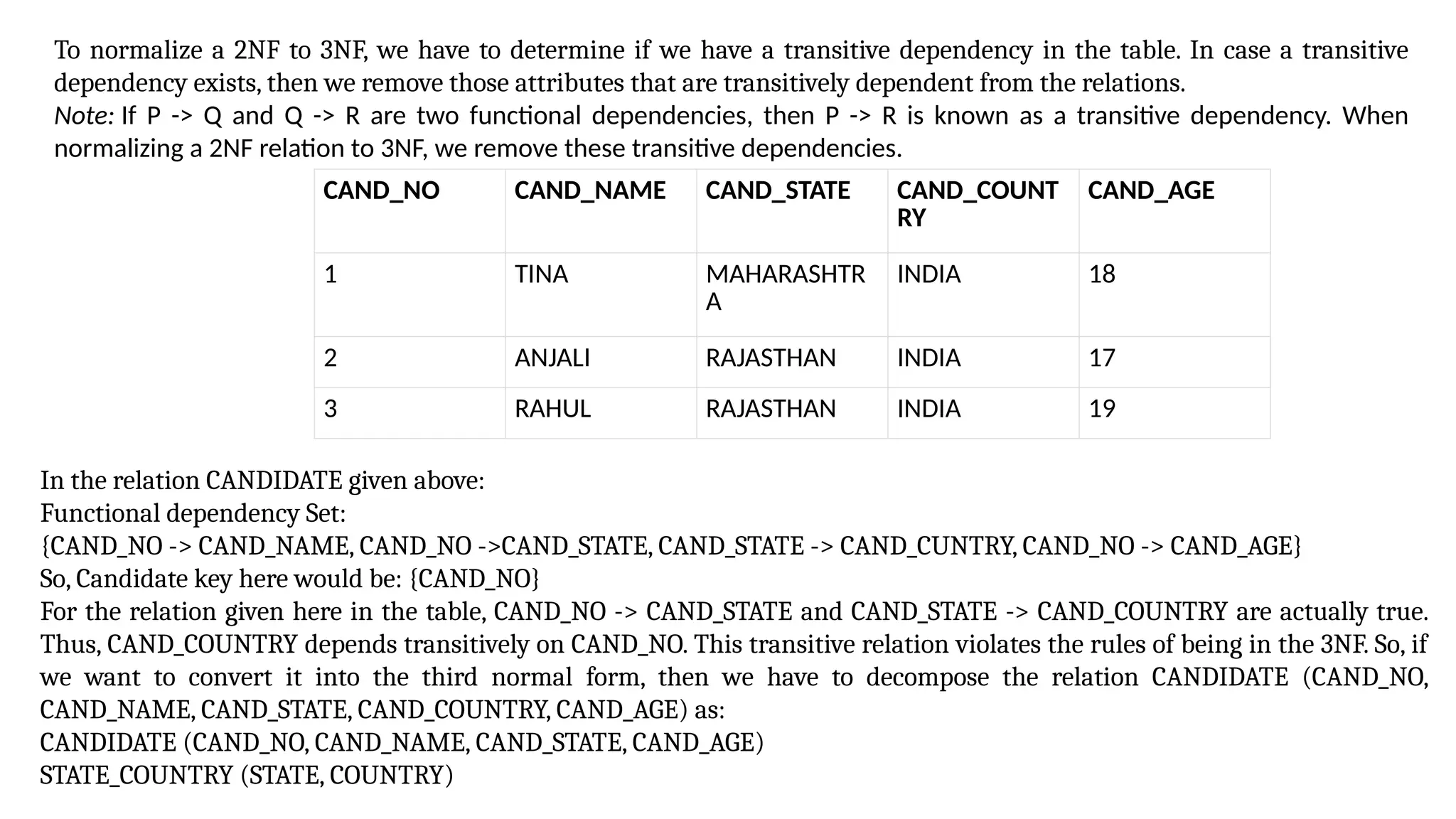 To normalize a 2NF to 3NF, we have to determine if we have a transitive dependency in the table. In case a transitive
dependency exists, then we remove those attributes that are transitively dependent from the relations.
Note: If P -> Q and Q -> R are two functional dependencies, then P -> R is known as a transitive dependency. When
normalizing a 2NF relation to 3NF, we remove these transitive dependencies.
CAND_NO CAND_NAME CAND_STATE CAND_COUNT
RY
CAND_AGE
1 TINA MAHARASHTR
A
INDIA 18
2 ANJALI RAJASTHAN INDIA 17
3 RAHUL RAJASTHAN INDIA 19
In the relation CANDIDATE given above:
Functional dependency Set:
{CAND_NO -> CAND_NAME, CAND_NO ->CAND_STATE, CAND_STATE -> CAND_CUNTRY, CAND_NO -> CAND_AGE}
So, Candidate key here would be: {CAND_NO}
For the relation given here in the table, CAND_NO -> CAND_STATE and CAND_STATE -> CAND_COUNTRY are actually true.
Thus, CAND_COUNTRY depends transitively on CAND_NO. This transitive relation violates the rules of being in the 3NF. So, if
we want to convert it into the third normal form, then we have to decompose the relation CANDIDATE (CAND_NO,
CAND_NAME, CAND_STATE, CAND_COUNTRY, CAND_AGE) as:
CANDIDATE (CAND_NO, CAND_NAME, CAND_STATE, CAND_AGE)
STATE_COUNTRY (STATE, COUNTRY)
 