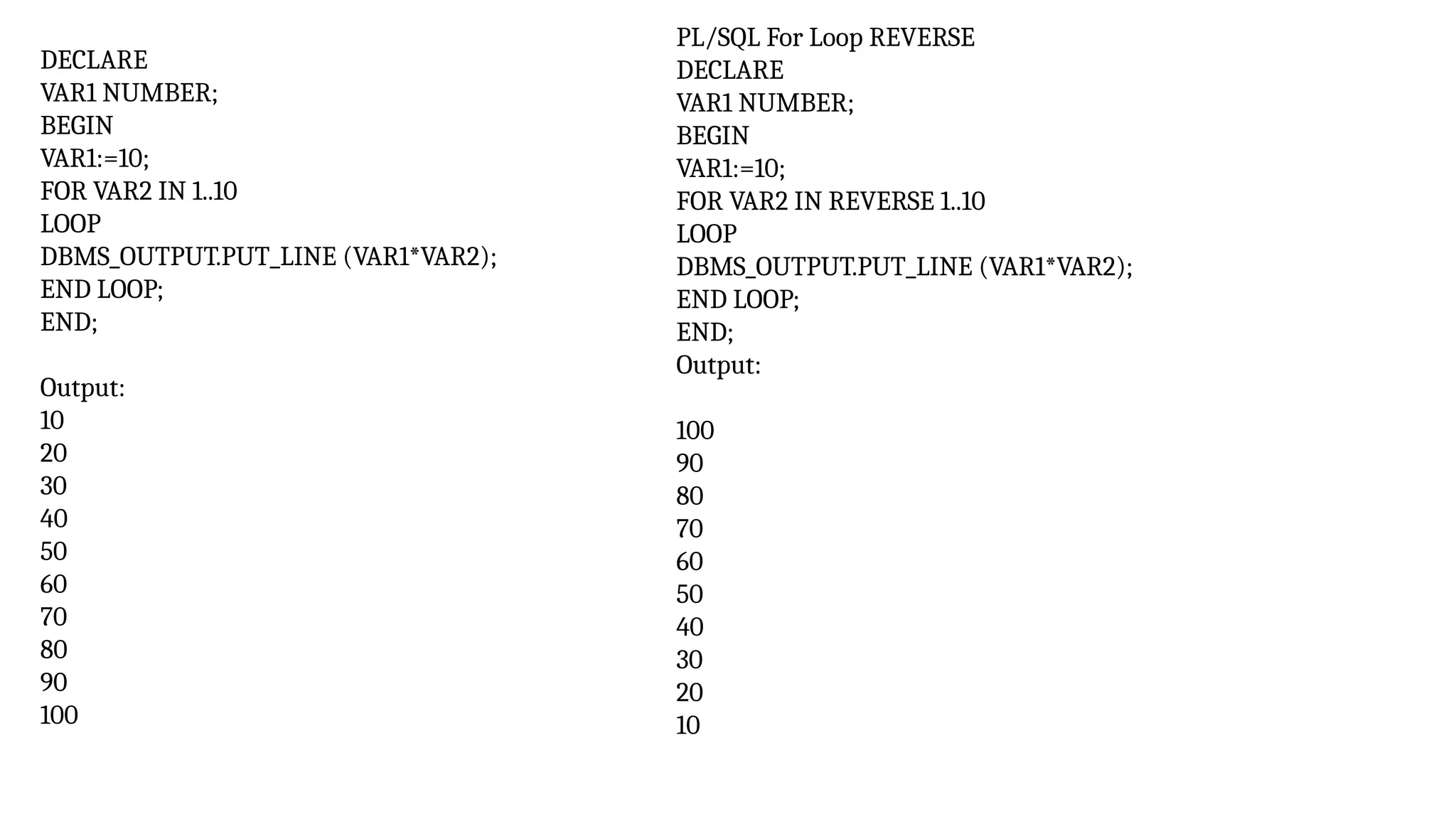 DECLARE
VAR1 NUMBER;
BEGIN
VAR1:=10;
FOR VAR2 IN 1..10
LOOP
DBMS_OUTPUT.PUT_LINE (VAR1*VAR2);
END LOOP;
END;
Output:
10
20
30
40
50
60
70
80
90
100
PL/SQL For Loop REVERSE
DECLARE
VAR1 NUMBER;
BEGIN
VAR1:=10;
FOR VAR2 IN REVERSE 1..10
LOOP
DBMS_OUTPUT.PUT_LINE (VAR1*VAR2);
END LOOP;
END;
Output:
100
90
80
70
60
50
40
30
20
10
 