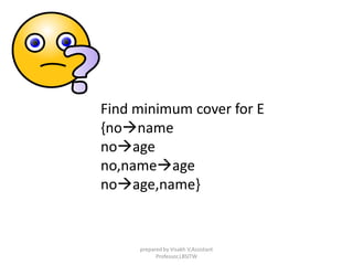 Find minimum cover for E
{noname
noage
no,nameage
noage,name}
prepared by Visakh V,Assistant
Professor,LBSITW
 