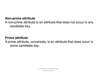 Non-prime attribute
A non-prime attribute is an attribute that does not occur in any
candidate key.
Prime attribute
A prime attribute, conversely, is an attribute that does occur in
some candidate key.
prepared by Visakh V,Assistant
Professor,LBSITW
 