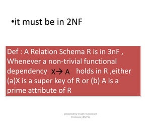 •it must be in 2NF
Def : A Relation Schema R is in 3nF ,
Whenever a non-trivial functional
dependency holds in R ,either
(a)X is a super key of R or (b) A is a
prime attribute of R
X A
prepared by Visakh V,Assistant
Professor,LBSITW
 