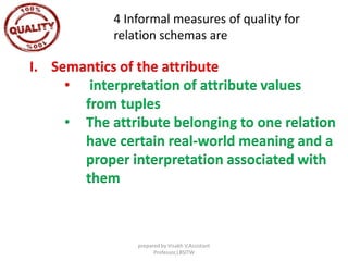 4 Informal measures of quality for
relation schemas are
I. Semantics of the attribute
• interpretation of attribute values
from tuples
• The attribute belonging to one relation
have certain real-world meaning and a
proper interpretation associated with
them
prepared by Visakh V,Assistant
Professor,LBSITW
 