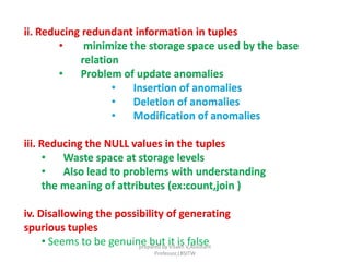 ii. Reducing redundant information in tuples
• minimize the storage space used by the base
relation
• Problem of update anomalies
• Insertion of anomalies
• Deletion of anomalies
• Modification of anomalies
iii. Reducing the NULL values in the tuples
• Waste space at storage levels
• Also lead to problems with understanding
the meaning of attributes (ex:count,join )
iv. Disallowing the possibility of generating
spurious tuples
• Seems to be genuine but it is falseprepared by Visakh V,Assistant
Professor,LBSITW
 