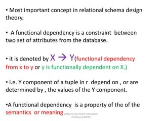 • Most important concept in relational schema design
theory.
• A functional dependency is a constraint between
two set of attributes from the database.
• it is denoted by X  Y(functional dependency
from x to y or y is functionally dependent on X.)
• i.e. Y component of a tuple in r depend on , or are
determined by , the values of the Y component.
•A functional dependency is a property of the of the
semantics or meaning .prepared by Visakh V,Assistant
Professor,LBSITW
 