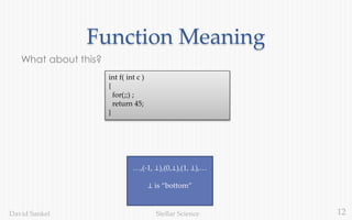 12Stellar ScienceDavid Sankel
Function Meaning
What about this?
int f( int c )
{
for(;;) ;
return 45;
}
…,(-1, ⊥),(0,⊥),(1, ⊥),…
⊥ is “bottom”
 