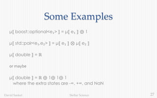 27Stellar ScienceDavid Sankel
Some Examples
μ⟦ boost::optional<e₁> ⟧ = μ⟦ e₁ ⟧ ⊕ 1
μ⟦ std::pair<e₁,e₂> ⟧ = μ⟦ e₁ ⟧ ⊗ μ⟦ e₂ ⟧
μ⟦ double ⟧ = ℝ
or maybe
μ⟦ double ⟧ = ℝ ⊕ 1⊕ 1⊕ 1
where the extra states are -∞, +∞, and NaN
 