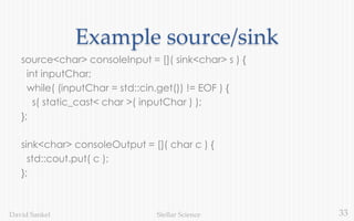 33Stellar ScienceDavid Sankel
Example source/sink
source<char> consoleInput = []( sink<char> s ) {
int inputChar;
while( (inputChar = std::cin.get()) != EOF ) {
s( static_cast< char >( inputChar ) );
};
sink<char> consoleOutput = []( char c ) {
std::cout.put( c );
};
 