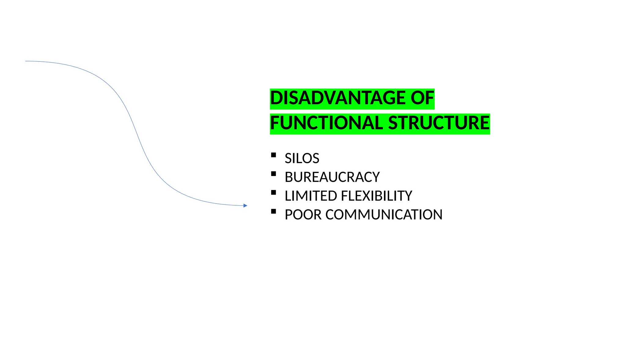 DISADVANTAGE OF
FUNCTIONAL STRUCTURE
 SILOS
 BUREAUCRACY
 LIMITED FLEXIBILITY
 POOR COMMUNICATION
 
