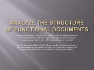Reading Informational Materials 8.2.1 Compare and contrast the features and
elements of consumer materials to gain meaning from documents (e.g.
warranties, contracts, product information, instruction manuals)
Reading Informational Materials 10.2.1 Analyze the structure and format of
functional workplace documents, including the graphics and headers, and
explain how the authors use the features to achieve their purpose
 