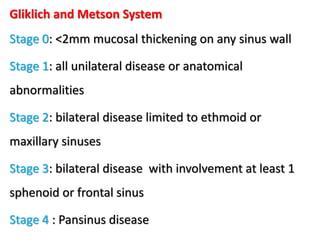Gliklich and Metson System
Stage 0: <2mm mucosal thickening on any sinus wall
Stage 1: all unilateral disease or anatomical
abnormalities
Stage 2: bilateral disease limited to ethmoid or
maxillary sinuses
Stage 3: bilateral disease with involvement at least 1
sphenoid or frontal sinus
Stage 4 : Pansinus disease
 