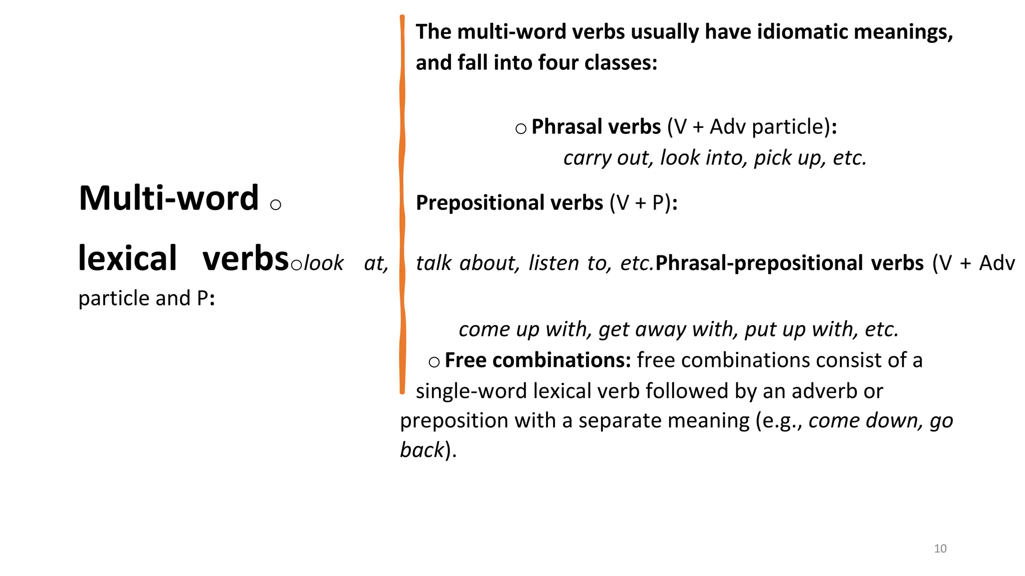 10
The multi-word verbs usually have idiomatic meanings,
and fall into four classes:
oPhrasal verbs (V + Adv particle):
carry out, look into, pick up, etc.
Multi-word o Prepositional verbs (V + P):
lexical verbsolook at, talk about, listen to, etc.Phrasal-prepositional verbs (V + Adv
particle and P:
come up with, get away with, put up with, etc.
oFree combinations: free combinations consist of a
single-word lexical verb followed by an adverb or
preposition with a separate meaning (e.g., come down, go
back).
 
