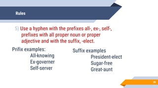 Rules
5) Use a hyphen with the prefixes all-, ex-, self-,
prefixes with all proper noun or proper
adjective and with the suffix, -elect.
36
Prifix examples:
All-knowing
Ex-governer
Self-server
Suffix examples
President-elect
Sugar-free
Great-aunt
 