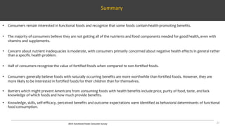 2013 Functional Foods Consumer Survey
Summary
• Consumers remain interested in functional foods and recognize that some foods contain health-promoting benefits.
• The majority of consumers believe they are not getting all of the nutrients and food components needed for good health, even with
vitamins and supplements.
• Concern about nutrient inadequacies is moderate, with consumers primarily concerned about negative health effects in general rather
than a specific health problem.
• Half of consumers recognize the value of fortified foods when compared to non-fortified foods.
• Consumers generally believe foods with naturally occurring benefits are more worthwhile than fortified foods. However, they are
more likely to be interested in fortified foods for their children than for themselves.
• Barriers which might prevent Americans from consuming foods with health benefits include price, purity of food, taste, and lack
knowledge of which foods and how much provide benefits.
• Knowledge, skills, self-efficacy, perceived benefits and outcome expectations were identified as behavioral determinants of functional
food consumption.
27
 